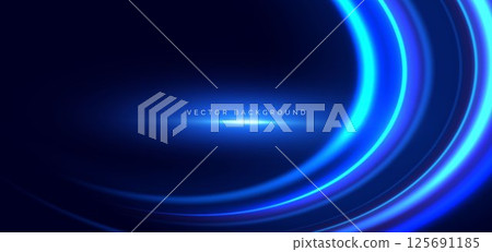 Hi-speed blue neon curve beams rays on dark blue background. Speed motion moving concept. 125691185
