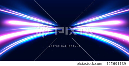 Light blue and red cuved rays glowing on dark blue background. High speed motion moving concept. 125691189