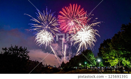 Image of fireworks at a summer festival Background material Flyer, banner, video material AI-generated material 125691391