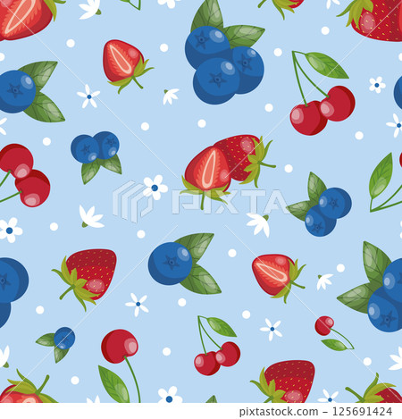 Seamless pattern Bright fruits on a blue background Seamless pattern Bright fruits on a blue background 125691424