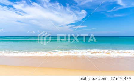 Bright and spacious midsummer sandy beach and sea Background material Flyer, banner, video material AI-generated material 125691429