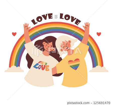 Happy LGBT Women Lesbians with big rainbow. Pride Month. LGBTQ Pride Parade. love is love. Vector Illustration. Colorful, joyful LGBT support image for Pride holiday, unity, diversity and equal love 125691470