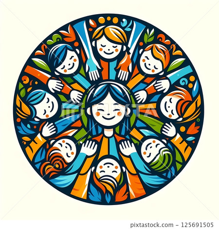 Abstract round logo of diverse children holding hands in a circle, symbolic unity emblem Abstract round logo of diverse children holding hands in a circle, symbolic unity emblem 125691505