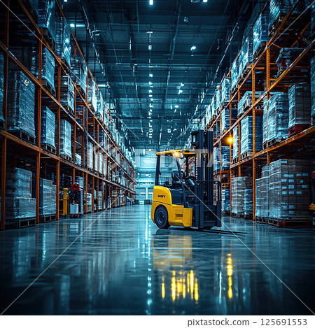 A yellow forklift stands ready in a vast warehouse filled with packaged goods and organized shelves. 125691553