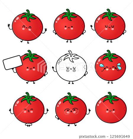 Nine adorable and cheerful cartoon Tomatoes with a variety of playful expressions, each unique and fun. 125691649