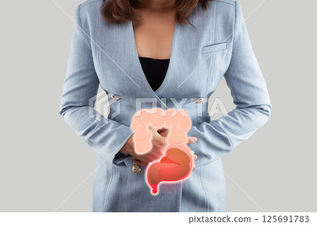 Woman large intestine highlighted suggesting potential constipation issues. Woman large intestine highlighted suggesting potential constipation issues. 125691783