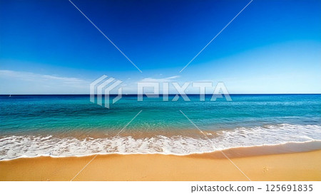 Spacious midsummer sandy beach and sea Background material Flyer, banner, video material AI-generated material 125691835