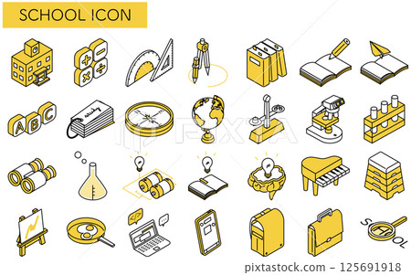 學校和學習簡單的線條圖示集,等距插圖 學校和學習簡單的線條圖示集,等距插圖 125691918