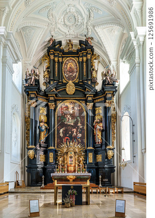 Passau, Germany - Apr 16, 2025: The interior of Parochial Church St Paul, the oldest parish church of Passau, Germany Passau, Germany - Apr 16, 2025: The interior of Parochial Church St Paul, the oldest parish church of Passau, Germany 125691986