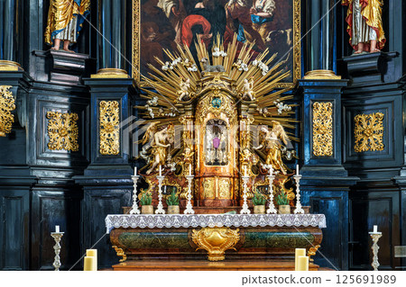 Passau, Germany - Apr 16, 2025: The interior of Parochial Church St Paul, the oldest parish church of Passau, Germany Passau, Germany - Apr 16, 2025: The interior of Parochial Church St Paul, the oldest parish church of Passau, Germany 125691989