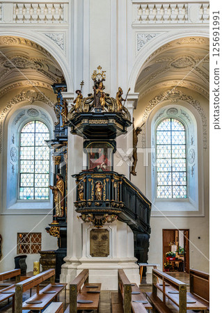 Passau, Germany - Apr 16, 2025: The interior of Parochial Church St Paul, the oldest parish church of Passau, Germany Passau, Germany - Apr 16, 2025: The interior of Parochial Church St Paul, the oldest parish church of Passau, Germany 125691991