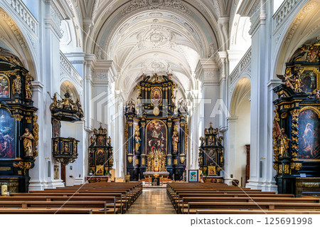Passau, Germany - Apr 16, 2025: The interior of Parochial Church St Paul, the oldest parish church of Passau, Germany Passau, Germany - Apr 16, 2025: The interior of Parochial Church St Paul, the oldest parish church of Passau, Germany 125691998