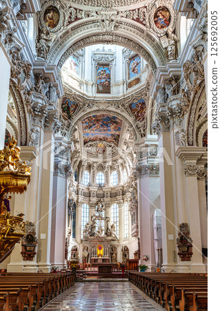 Passau, Germany - Apr 16, 2025: Interior of St. Stephans cathedral in Passau, Germany with famous organ pipes Passau, Germany - Apr 16, 2025: Interior of St. Stephans cathedral in Passau, Germany with famous organ pipes 125692005