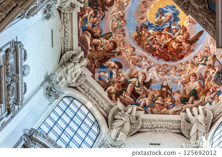 Passau, Germany - Apr 16, 2025: Interior of St. Stephans cathedral in Passau, Germany with famous organ pipes Passau, Germany - Apr 16, 2025: Interior of St. Stephans cathedral in Passau, Germany with famous organ pipes 125692012