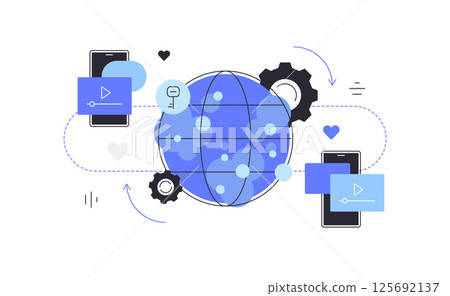 Internet and media content. Data exchange. Globe, communication and connection concept Internet and media content. Data exchange. Globe, communication and connection concept 125692137