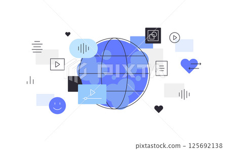 Internet and media content. Data exchange. Globe, communication and connection concept Internet and media content. Data exchange. Globe, communication and connection concept 125692138