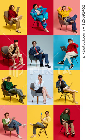 Colorful Home Office Setups. People working with gadgets in chairs expressing digital lifestyle home office, creativity and productivity Colorful Home Office Setups. People working with gadgets in chairs expressing digital lifestyle home office, creativity and productivity 125692452