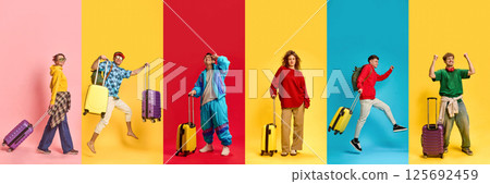 Colorful Travel Fashion. Group of friends posing in playful travel outfits holding luggage on vibrant backgrounds expressing wanderlust excitement style and joy. 125692459