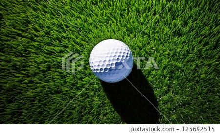 Golf image: Golf ball and grass seen from above. Stylish background material. AI-generated material. 125692515