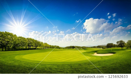 Golf image Golf course Blue sky Grass Stylish Background material Flyer, banner, video material AI-generated material 125692633