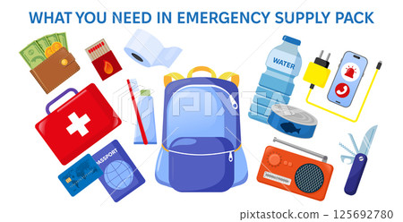 Emergency disaster evacuation supply pack. Set of objects food, medicines, hygiene stuff, and identity documents. Survival kit objects. Flat vector illustration. Tourist, traveller, refugee concept. 125692780