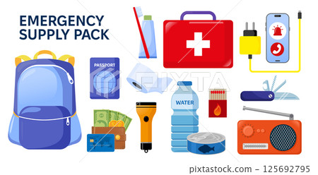 Emergency disaster evacuation supply pack. Set of objects food, medicines, hygiene stuff, and identity documents. Survival kit objects. Flat vector illustration. Tourist, traveller, refugee concept. 125692795