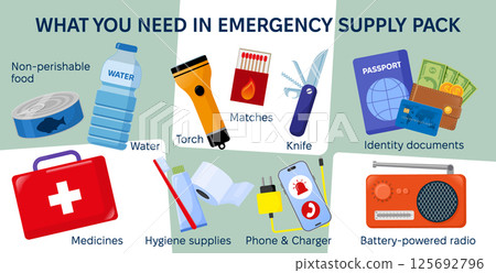 Emergency disaster evacuation supply pack. Set of objects food, medicines, hygiene stuff, and identity documents. Survival kit objects. Flat vector illustration. Tourist, traveller, refugee concept. 125692796