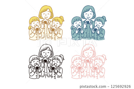 Illustration of a family eating rice balls 125692926