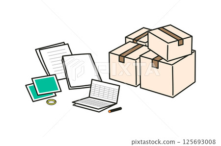Image of cardboard boxes and documents during sorting and final preparations for the deceased vector set Image of cardboard boxes and documents during sorting and final preparations for the deceased vector set 125693008