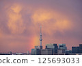 Skytree at sunset and a short vertical rainbow 125693033