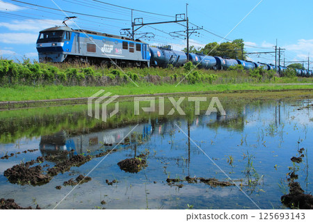 A freight train reflected in the water 125693143