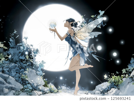 Illustration material of a firefly fairy shining against the background of the moon 125693241
