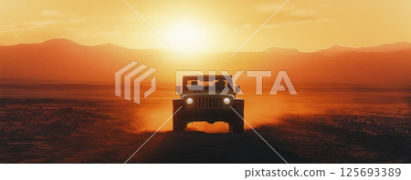 Jeep driving through the savanna at sunset with animal silhouette, copy space 125693389