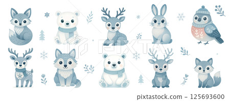 Cute winter woodland animals illustration set with fox, bear, deer, rabbit, bird, scarf details Cute winter woodland animals illustration set with fox, bear, deer, rabbit, bird, scarf details 125693600
