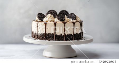 Chocolate Cookie Cream Cake with Drip Icing on Stand 125693601