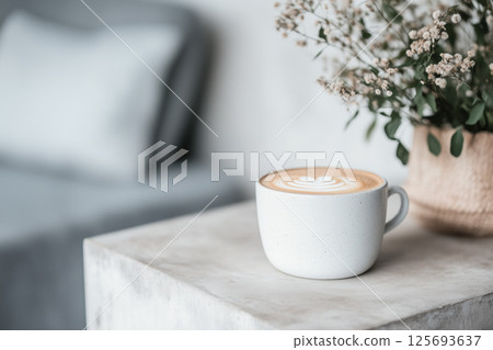 Cup of coffee with latte art on stone table, soft natural light, minimal cozy interior Cup of coffee with latte art on stone table, soft natural light, minimal cozy interior 125693637