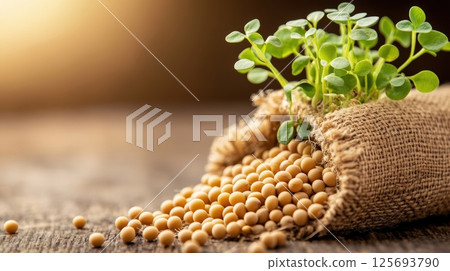 Soybean Pods on Burlap Sack with Sprouting Seeds Eco Friendly Agriculture Concept 125693790