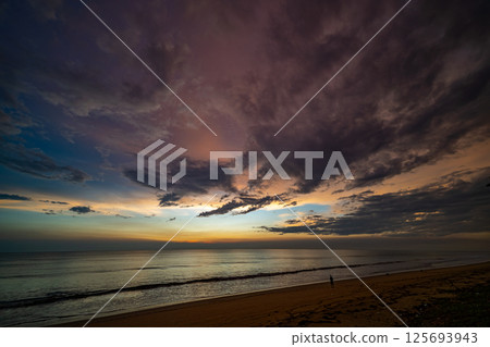 Aerial view sunset sky,Nature beautiful light sunset or sunrise over sea surface,Colorful sunset sky with clouds and waves in the ocean,Wide angle sea background 125693943