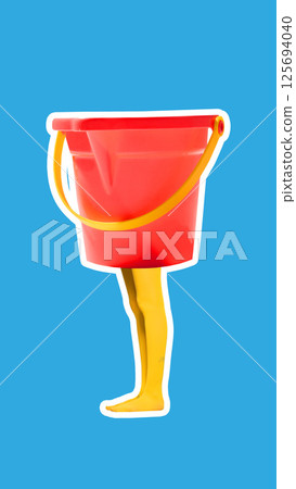 Composite modern artwork. Red plastic bucket walking with yellow legs on blue background. Trendy magazine style. Pop art. Sticker. 125694040