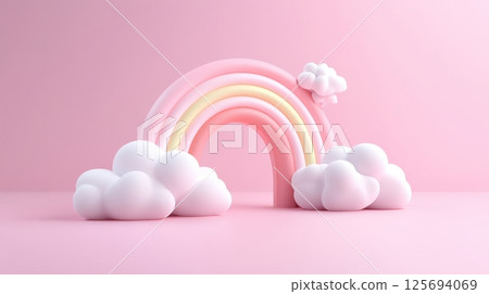 Pastel Rainbow Backdrop with Fluffy Clouds in Minimalist Studio Setting 125694069