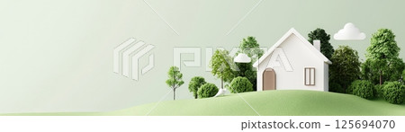 Picturesque Rural Countryside Home Nestled in Lush Green Landscape with Tranquil Meadows and Winding Path 125694070