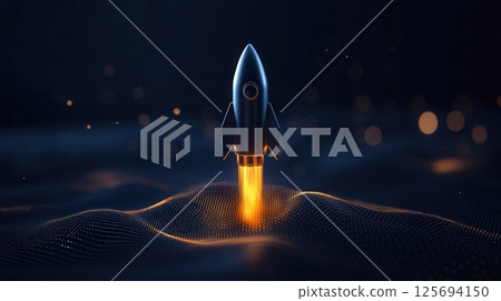 Futuristic Rocket Launching into the Night Sky with Glowing Thrusters 125694150