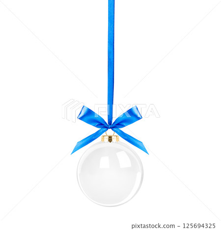Christmas transparent glass ball with golden ribbon and bow isolated on white background 125694325