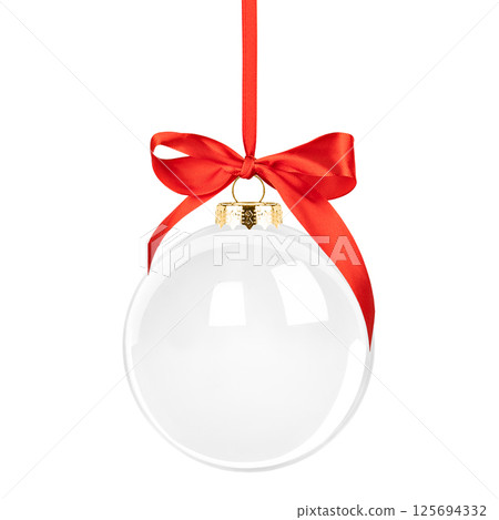 Christmas transparent glass ball with golden ribbon and bow isolated on white background Christmas transparent glass ball with golden ribbon and bow isolated on white background 125694332