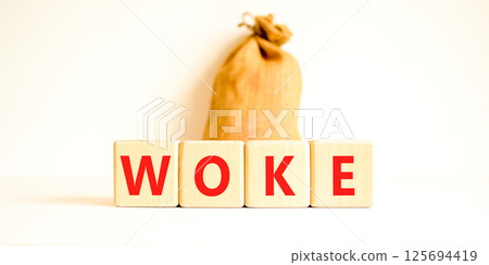 Woke question symbol. Concept word Woke question on beautiful wooden blocks. Beautiful canvas bag. Beautiful white table white background. Business, lifestyle support woke question concept. Copy space Woke question symbol. Concept word Woke question on beautiful wooden blocks. Beautiful canvas bag. Beautiful white table white background. Business, lifestyle support woke question concept. Copy space 125694419