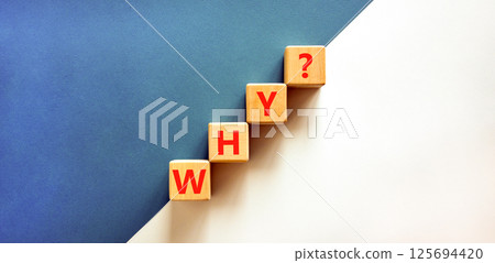 Why question symbol. Concept word Why question on beautiful wooden blocks. Beautiful white and blue background. Business, lifestyle, support and why question concept. Copy space. 125694420