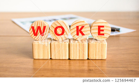 Woke question symbol. Concept word Woke question on beautiful wooden circles on wooden blocks. Beautiful wooden table white background. Business, lifestyle, support woke question concept. Copy space. 125694467