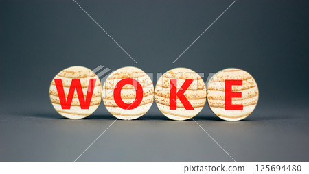 Woke question symbol. Concept word Woke question on beautiful wooden circles. Beautiful grey table grey background. Business, lifestyle, support and woke question concept. Copy space. Woke question symbol. Concept word Woke question on beautiful wooden circles. Beautiful grey table grey background. Business, lifestyle, support and woke question concept. Copy space. 125694480