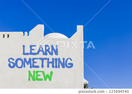 Learn something new symbol. Concept words Learn something new on beautiful white wall. Beautiful white wall blue sky background. Business motivational lifestyle learn something new concept. Copy space Learn something new symbol. Concept words Learn something new on beautiful white wall. Beautiful white wall blue sky background. Business motivational lifestyle learn something new concept. Copy space 125694540
