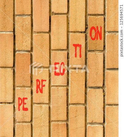 Perfection symbol. Concept word Perfection on beautiful brown bricks. Beautiful brown brick wall background. Business perfection concept. Copy space. 125694571